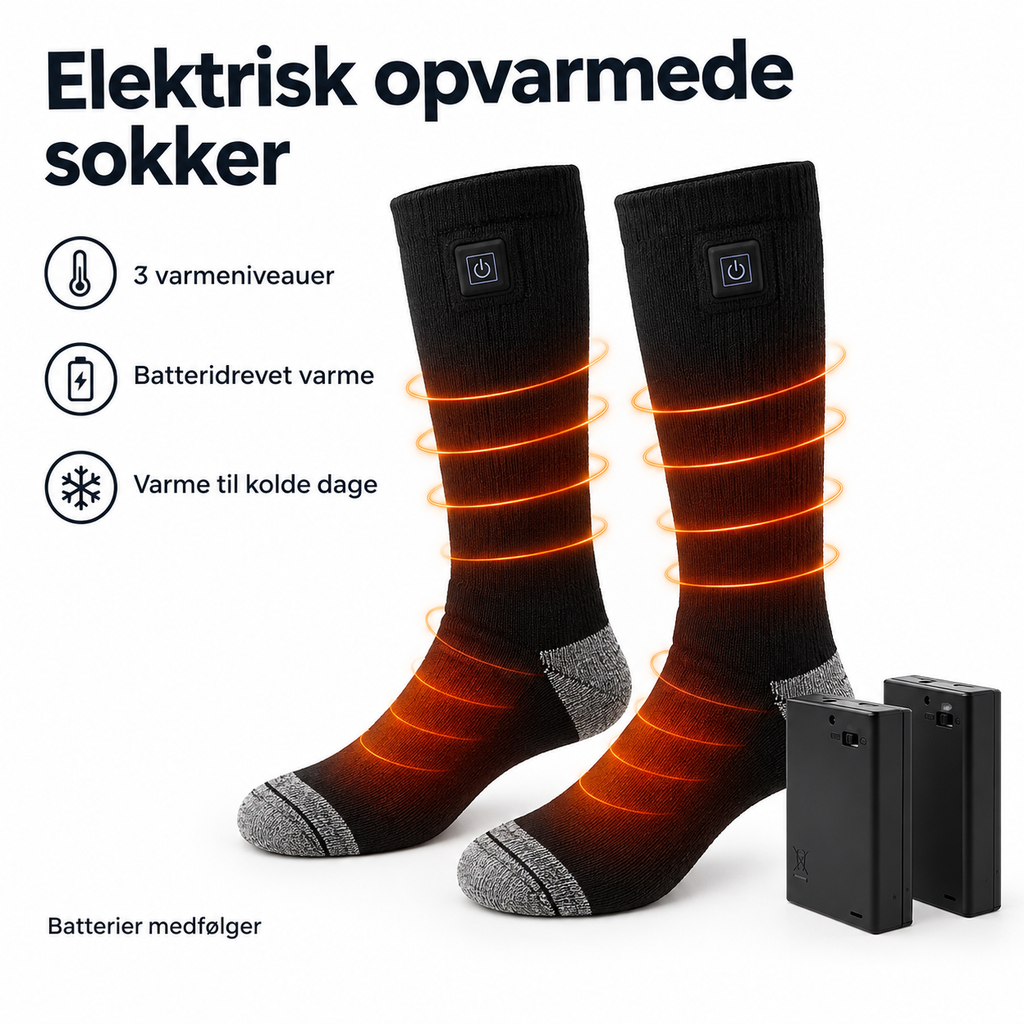 Opvarmede sokker med batteri og varme omkring tæerne