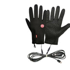 Opvarmede cykelhandsker med touchscreen, elektrisk opvarmning og tilslutningskabel.