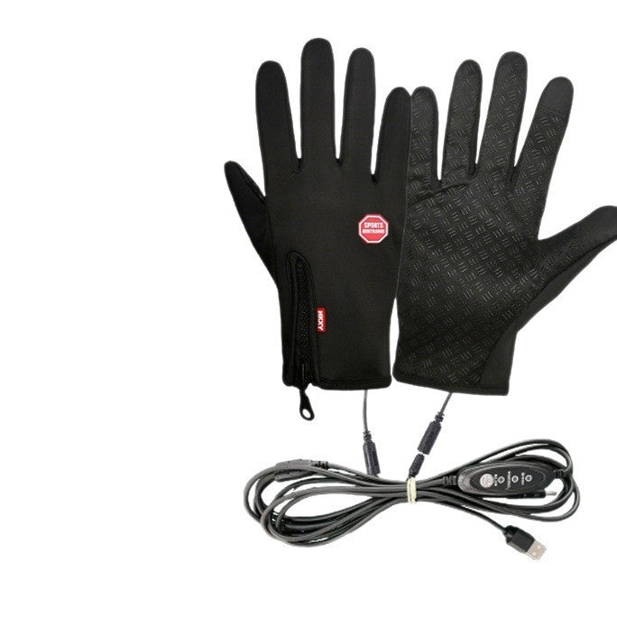 Opvarmede cykelhandsker med touchscreen, elektrisk opvarmning og tilslutningskabel.